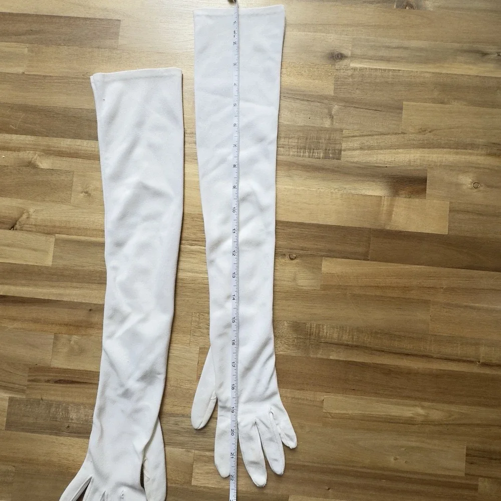 VTG 1960's WHITE Grandoe Opera-length Long‎ Gloves W/ Pearl Buttons 100% Nylon